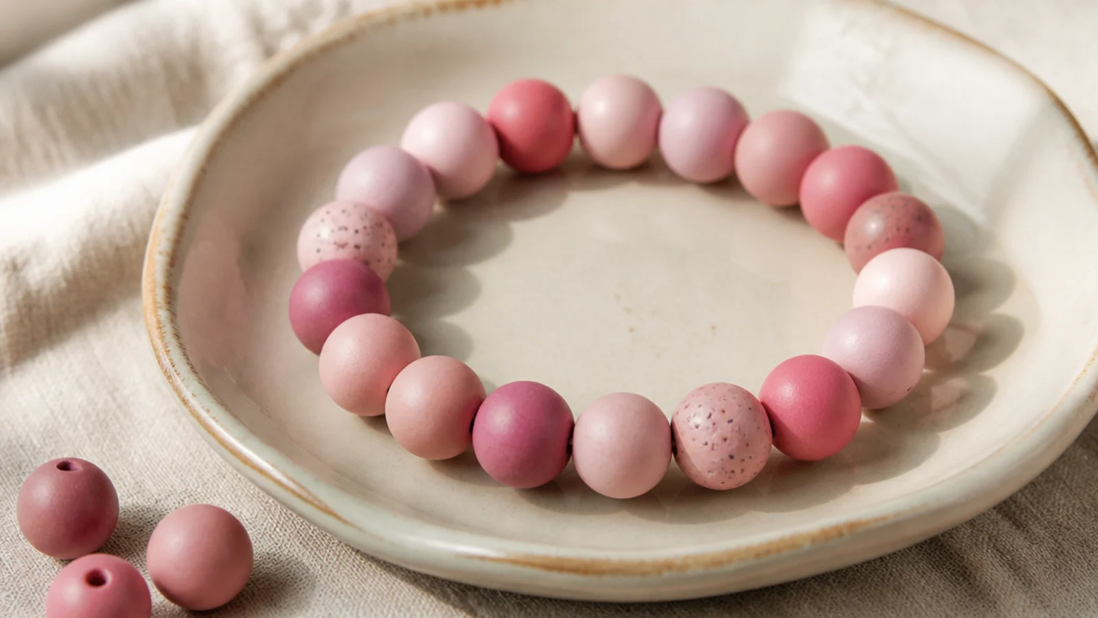 A clay bead bracelet in a soft random mix of several pastel pink shades.