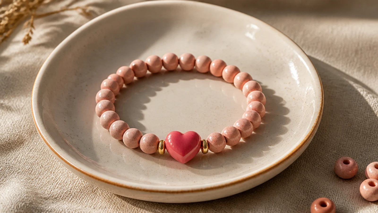 A blush pink clay bead bracelet with a single deeper pink enamel heart bead centered.