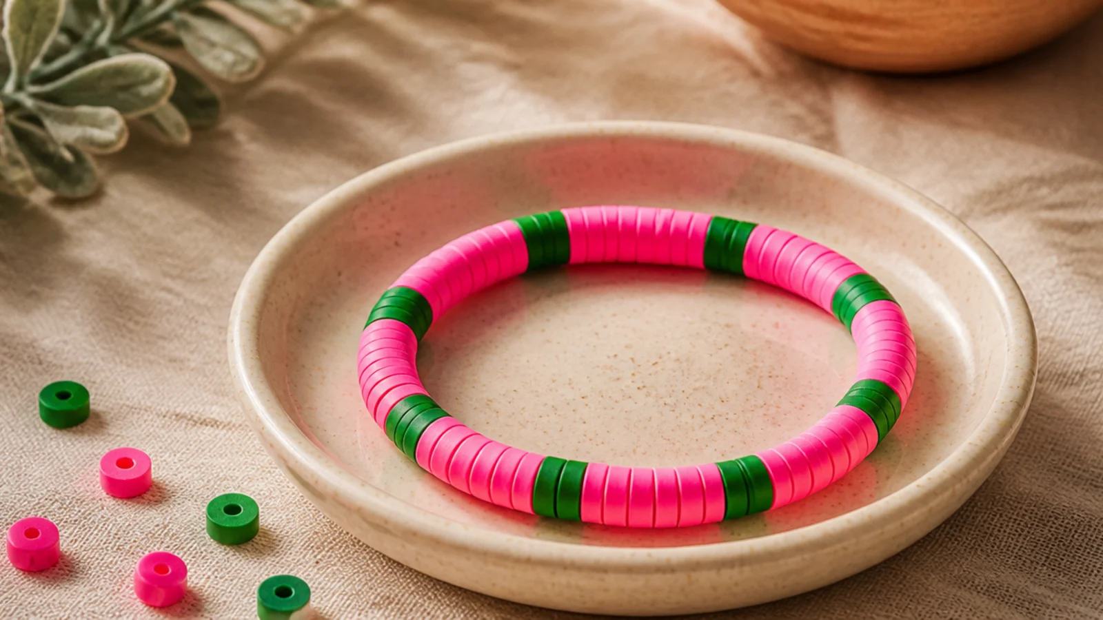 A clay bead bracelet in bright pink and green like watermelon, in fresh alternating blocks.