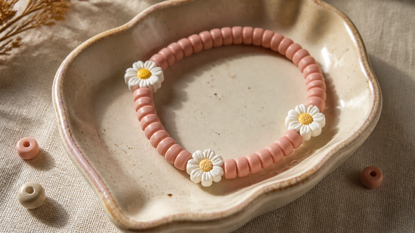 A soft pink clay bead bracelet with three small white daisy flower beads spaced around it.