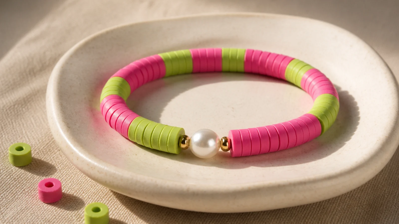 A clay bead bracelet in hot pink and lime green blocks with a white pearl accent.