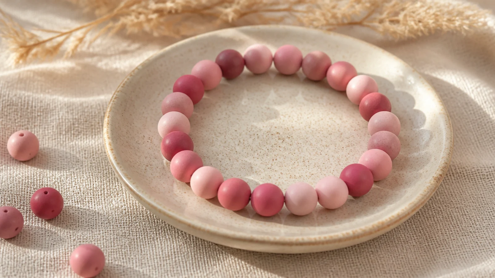 A clay bead bracelet mixing pale, mid, and deep pink shades in a random tonal blend.