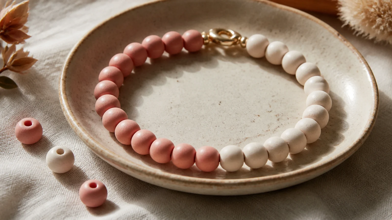 A clay bead bracelet blending soft pink and cream beads in gentle blocks.