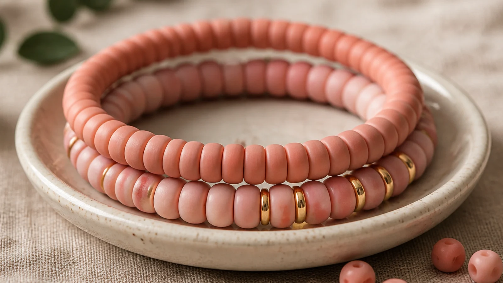 Three coordinating pink clay bead bracelets - a solid, an ombre, and a pink-with-gold - stacked together.