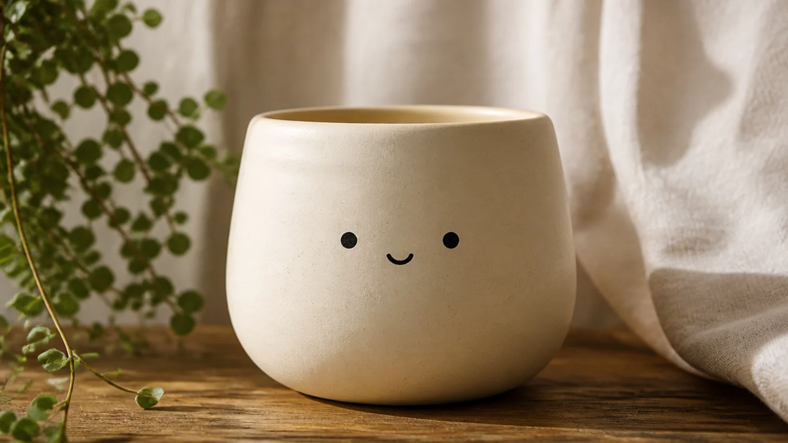 A soft cream pot with a tiny minimalist face - two black dot eyes and a small curved smile - centered on the front.
