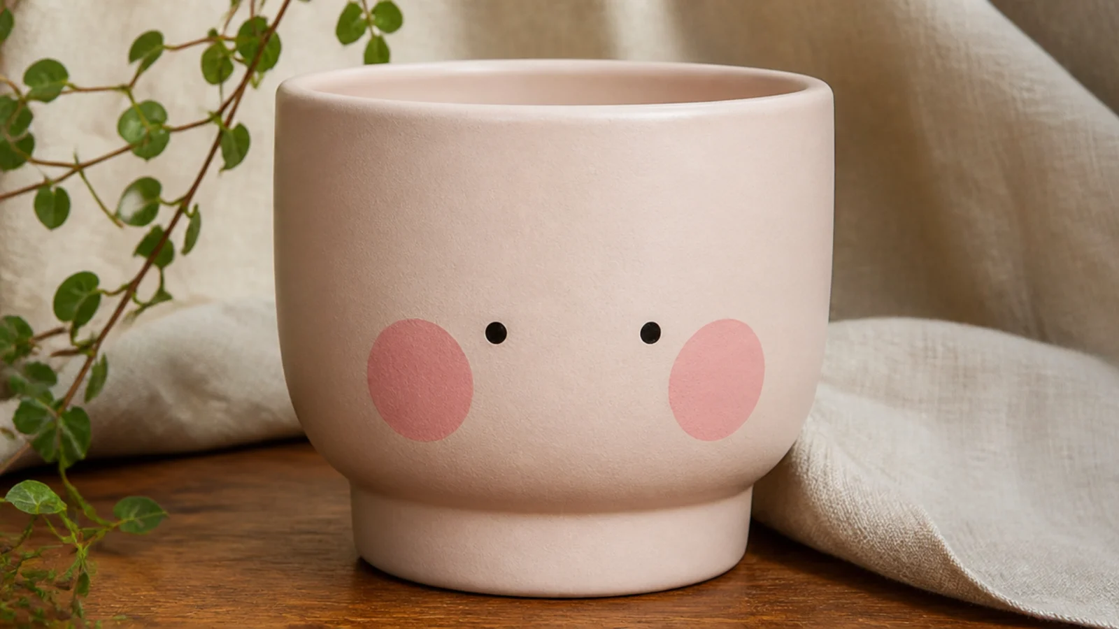 A pale blush pot with two soft round pink cheeks and tiny dot eyes, giving a shy, cute expression.