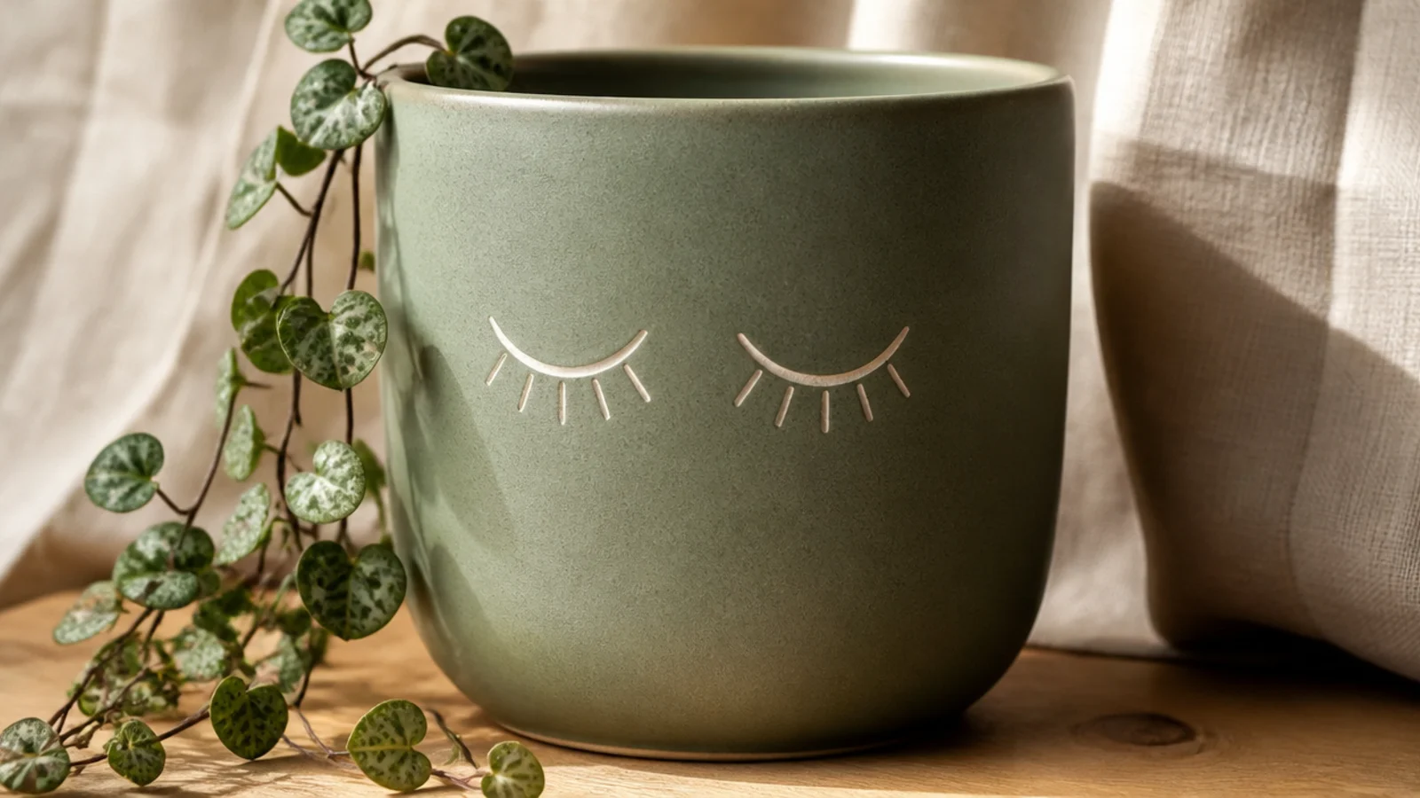 A minimalist sage pot with two downward-curved closed eyes and small lash lines, looking peaceful and content.