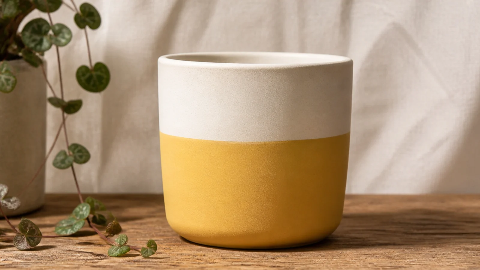 A pot color-blocked with a warm butter-yellow bottom and cream top divided by one clean line, cheerful and simple.