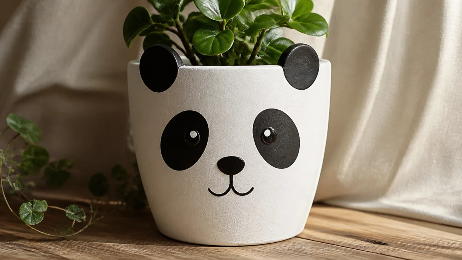A white pot painted as a panda with two black ear circles at the rim, black eye patches, a small nose, and a smile.