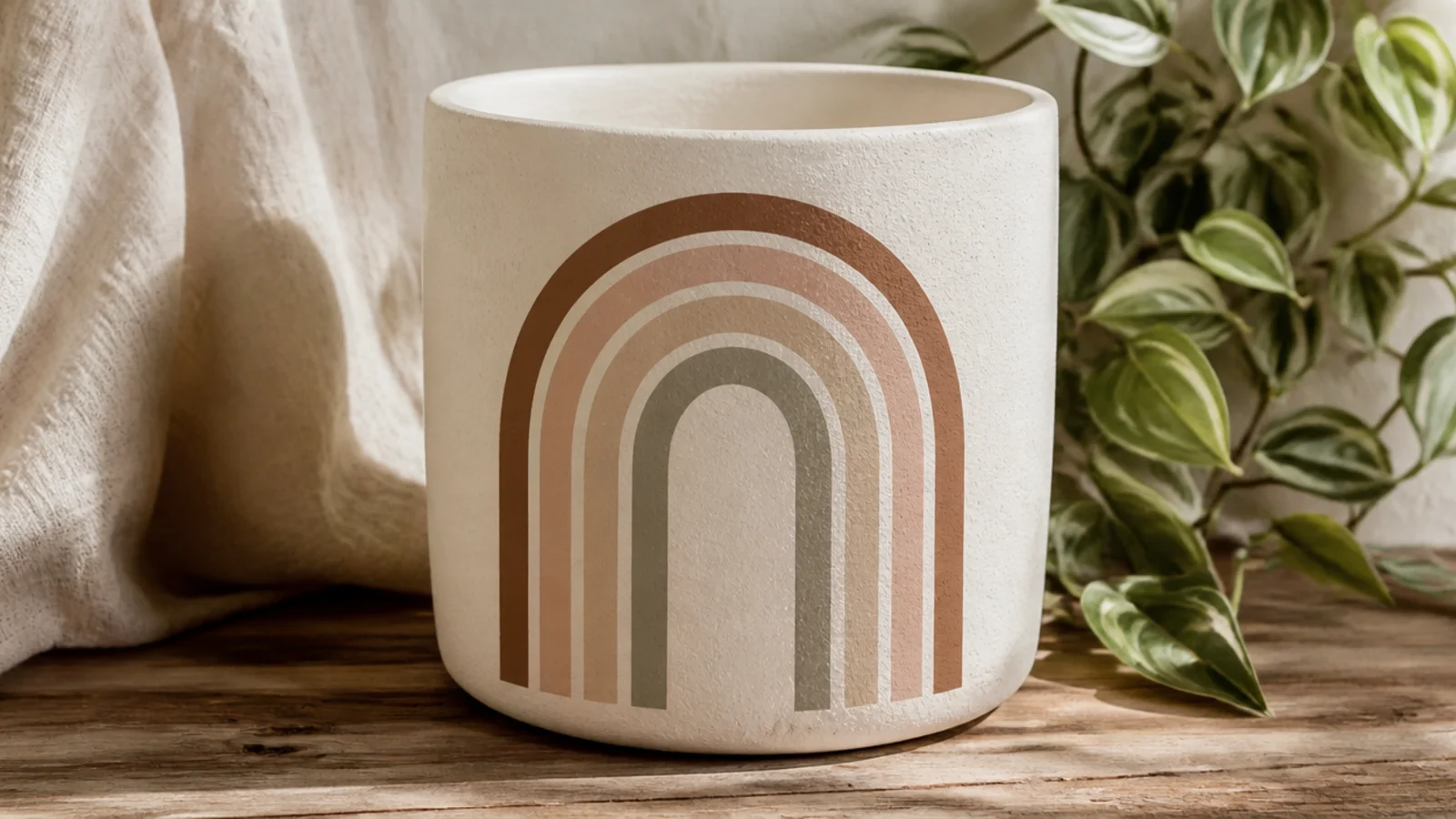 A cream pot with a minimalist arch of three or four muted earth-tone bands painted on the front-facing side only.