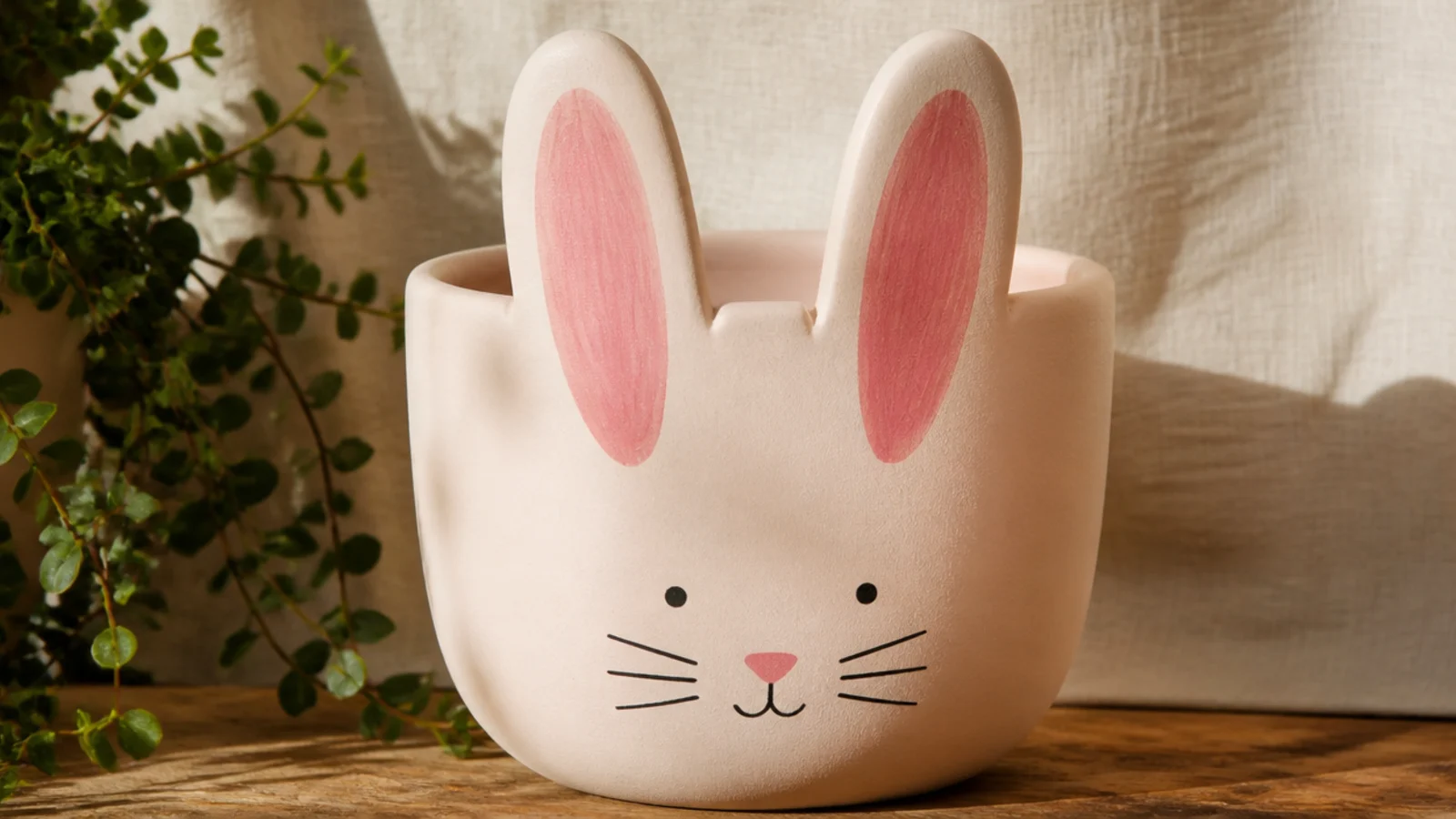 A soft blush pot with two tall bunny ears painted rising from the rim, pink inner ears, and a tiny face below.