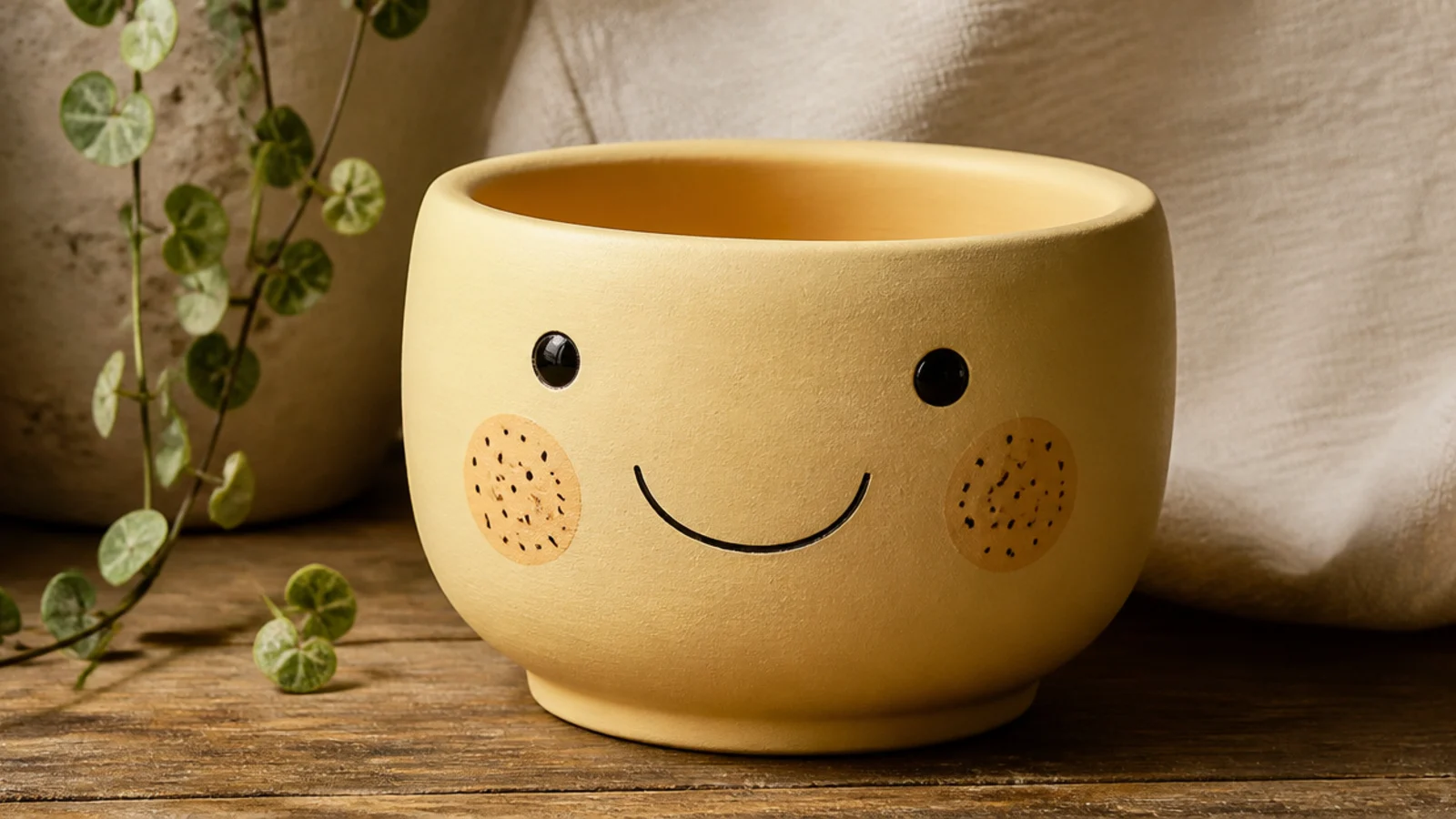 A butter-yellow pot with a happy face, round cheeks scattered with tiny brown freckle dots, and a wide smile.