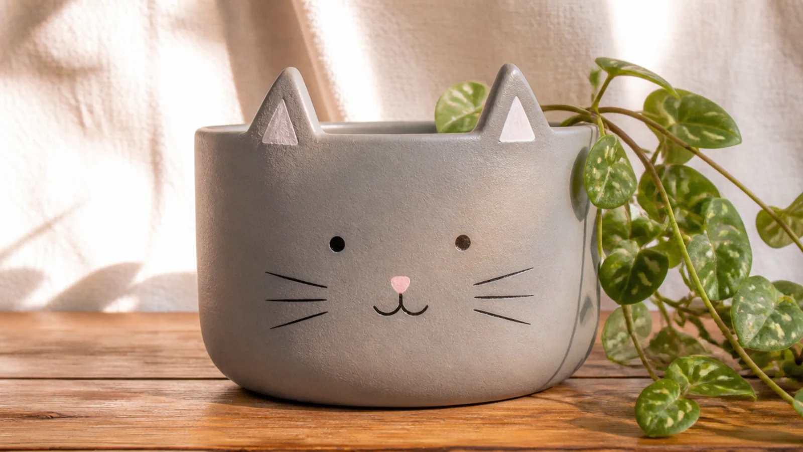 A grey pot painted as a cat with two triangle ears at the rim, dot eyes, a tiny pink nose, and thin whiskers.