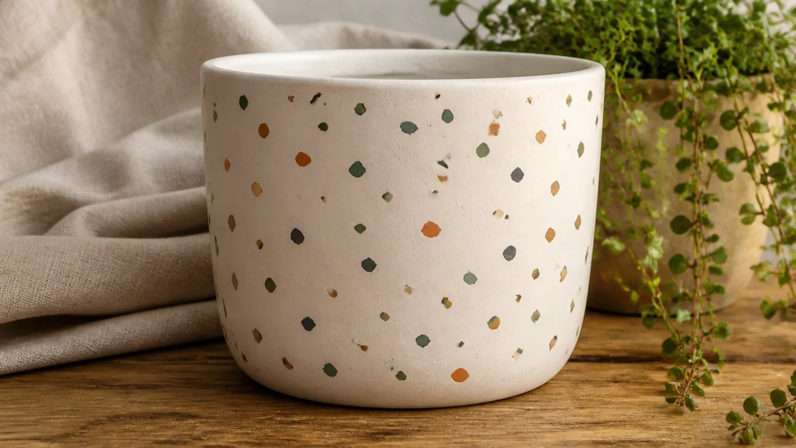 A cream pot scattered with small hand-painted terrazzo chips in sage, terracotta, and charcoal, evenly spaced.