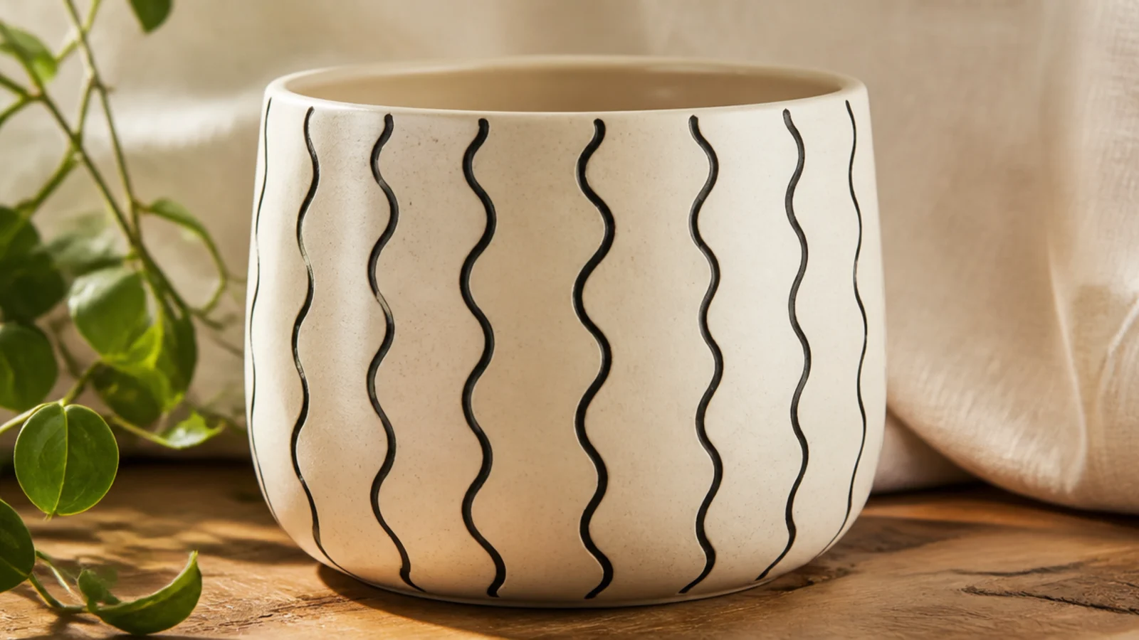 A cream pot with thin, evenly spaced black wavy squiggle lines running vertically around the body in a boho style.