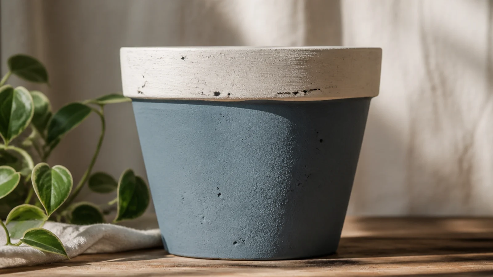 A dusty-blue pot with a cream painted rim, styled to match a room's calm blue and cream palette.