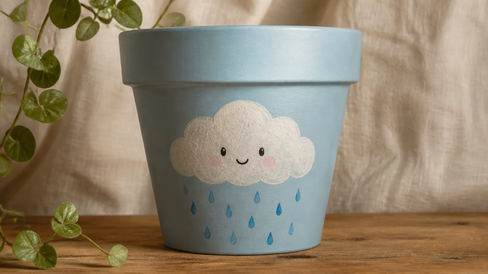 A pale blue pot with a fluffy white cloud, a tiny smiling face on it, and small blue raindrops falling below.