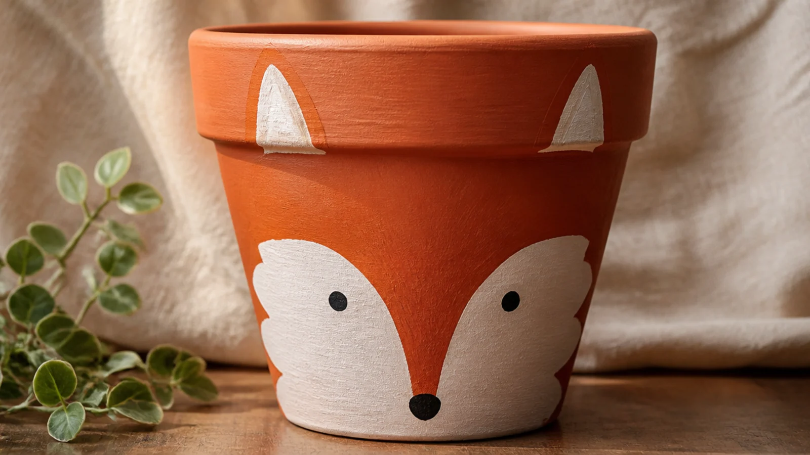 A terracotta-orange pot painted as a fox with a white muzzle, pointed ears, dot eyes, and a small black nose.