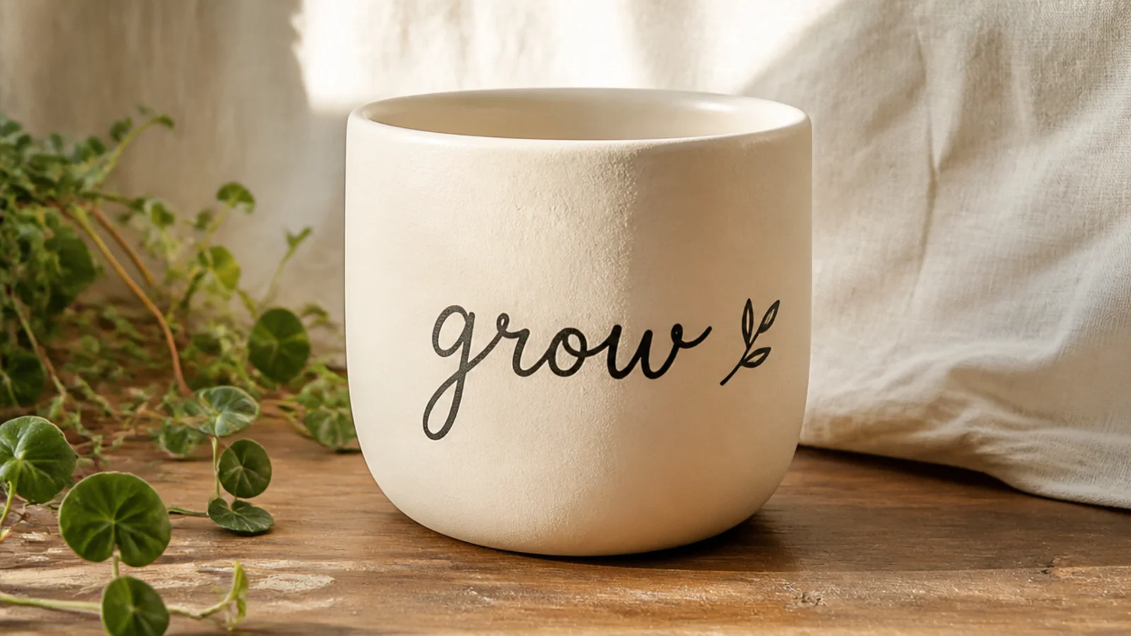 A cream pot with a short hand-lettered word like grow painted in simple black script across the front, plus a tiny leaf.