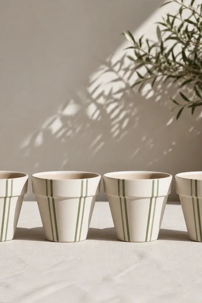 Four small terracotta pots painted cream with two thin sage green vertical pinstripes on each side; the stripes align from pot rim to base and cast crisp shadows.