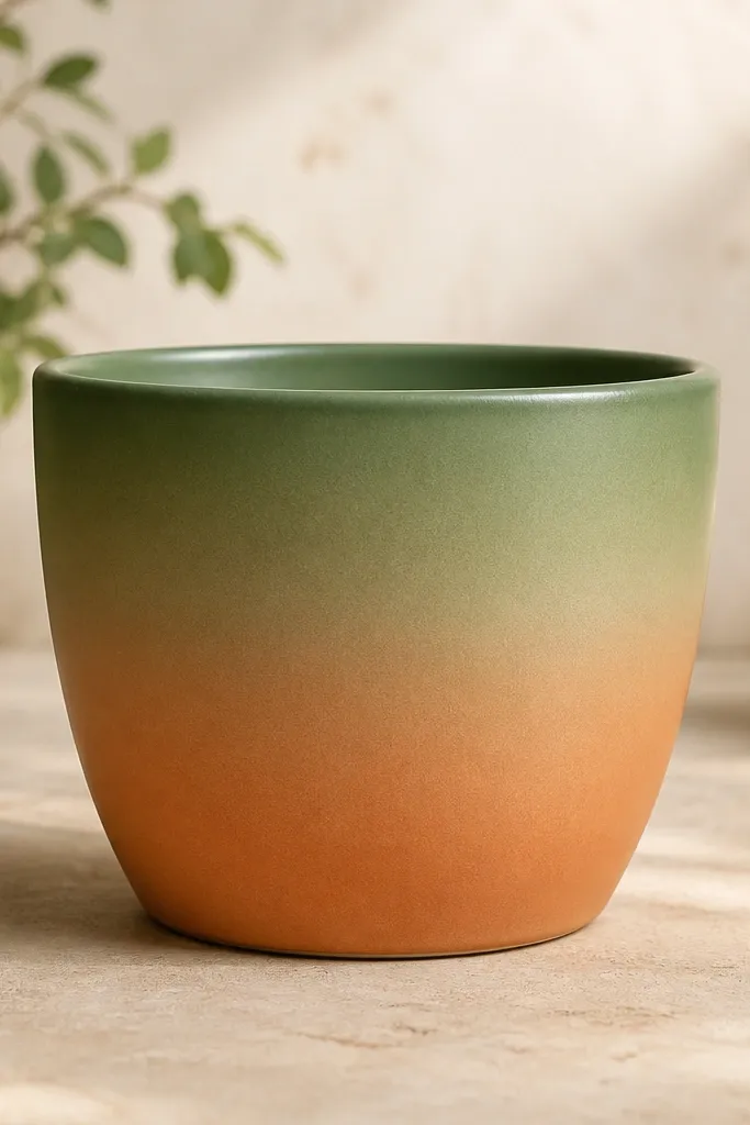 A pot with a smooth gradient from warm terracotta at the bottom to leaf-green near the top. The rim is painted the same leaf-green but slightly darker, and there are no visible brush strokes.