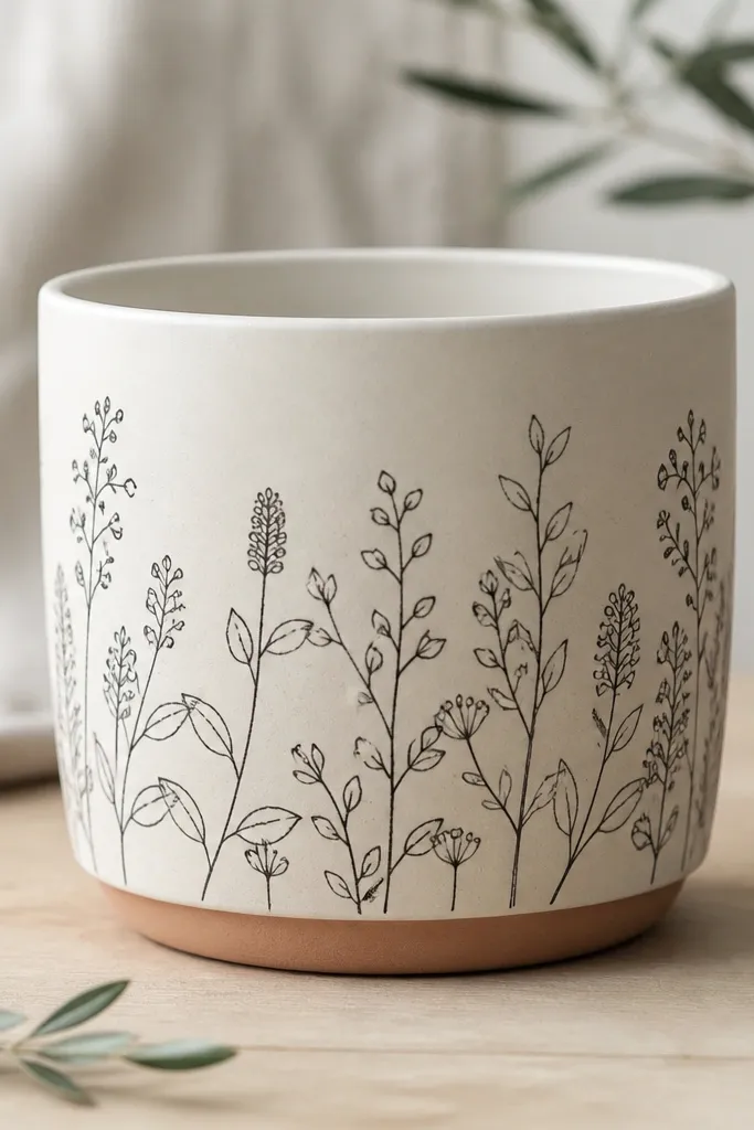 A cream pot covered with thin black botanical line drawings: small stems and leaves wrapping around in a continuous band. The rim is painted off-white and the terracotta base is left visible at the bottom edge.