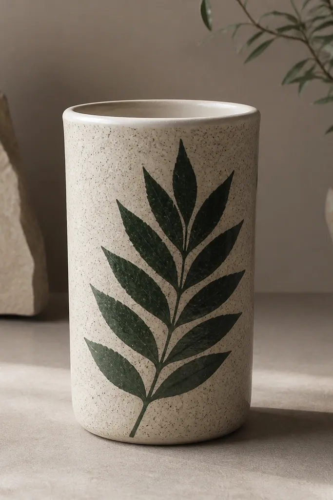 A tall ceramic pot with a bright white rim, a dark forest green leaf silhouette painted on two opposite sides, and faint speckle texture around the leaf.