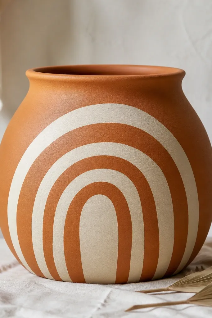 Two-tone pot painted warm terracotta with stacked cream arches across the front, each arch slightly different in width and height.
