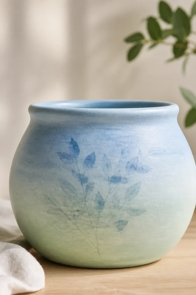 A pot painted with a loose watercolor-style sky-blue wash fading into pale mint. On top, small semi-transparent silhouettes of leaves appear in a slightly darker shade, mostly near the center.