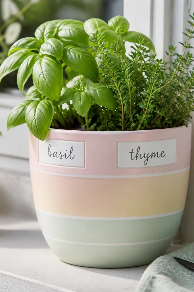 A pastel striped pot with horizontal bands in blush pink, pale yellow, and mint. Near the top, small painted label boxes hold hand-lettered words like "basil" and "thyme" in dark gray.