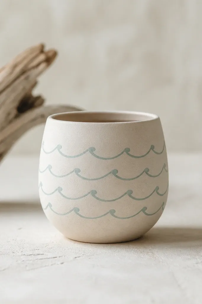 A small pot with a matte off-white base and repeated seafoam wave lines wrapping horizontally; the waves are made with a thin brush and have tiny dot crests.