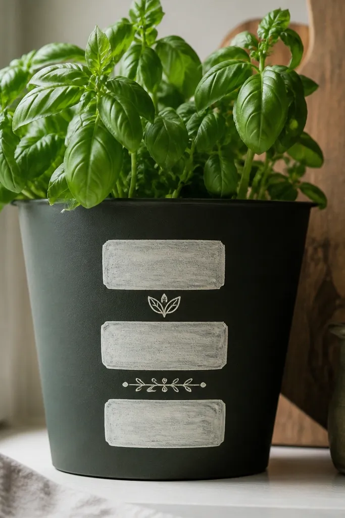 A pot painted matte blackboard green with three small hand-lettered white label rectangles and tiny chalk-like doodles between them.