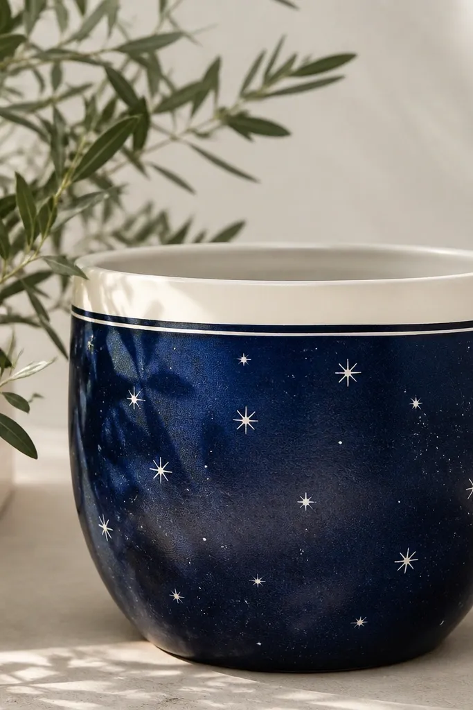 A deep navy pot with scattered small white stars. The rim is painted a pale creamy white with a thin navy ring just below it, like a moon halo.