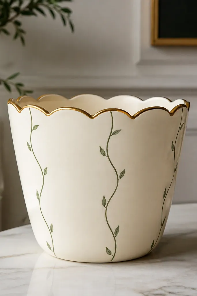A cream pot with a gold scalloped border around the top edge. Down the body are twisting green vine lines with tiny leaf tips, spaced evenly on both sides.