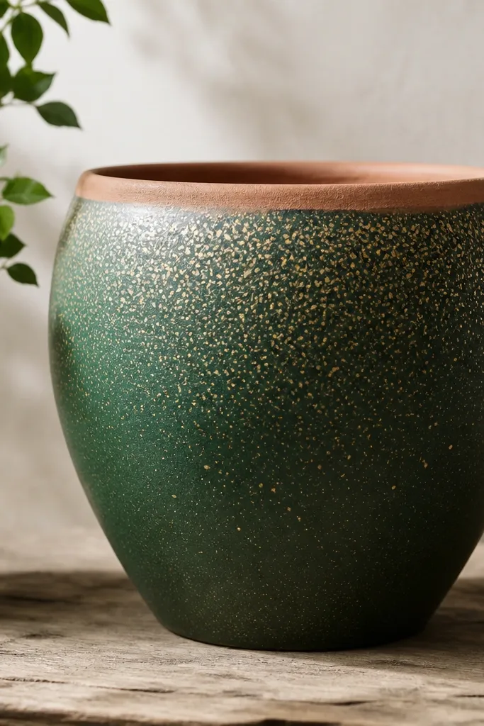 A deep green pot with fine gold speckle all over, denser near the top and lighter toward the bottom; the rim stays unpainted terracotta.