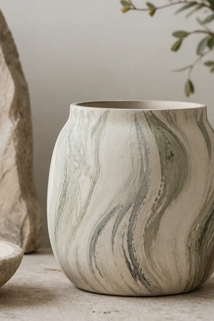 A pot with a creamy base and soft gray and muted sage marble swipes that curve vertically; the swipes look like brushed stone.