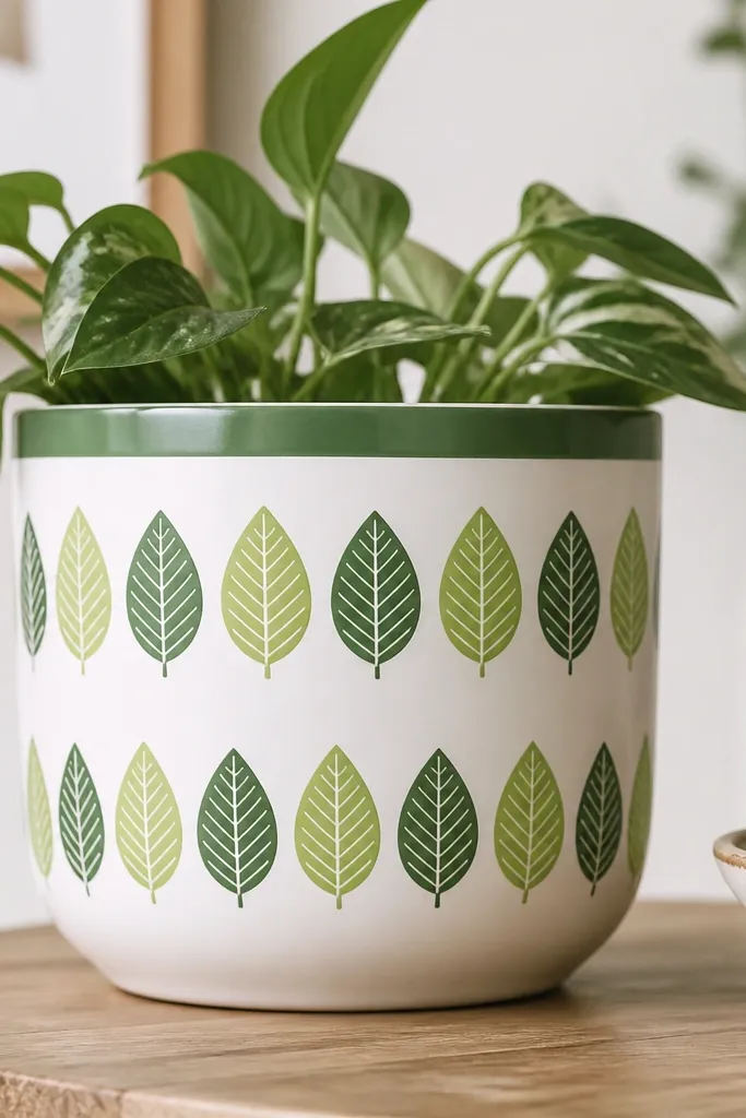 A white pot with two horizontal rows of repeated leaf prints. The leaf prints are in light green and deeper green, alternating, with crisp outlines and a clean rim band in the deeper green.