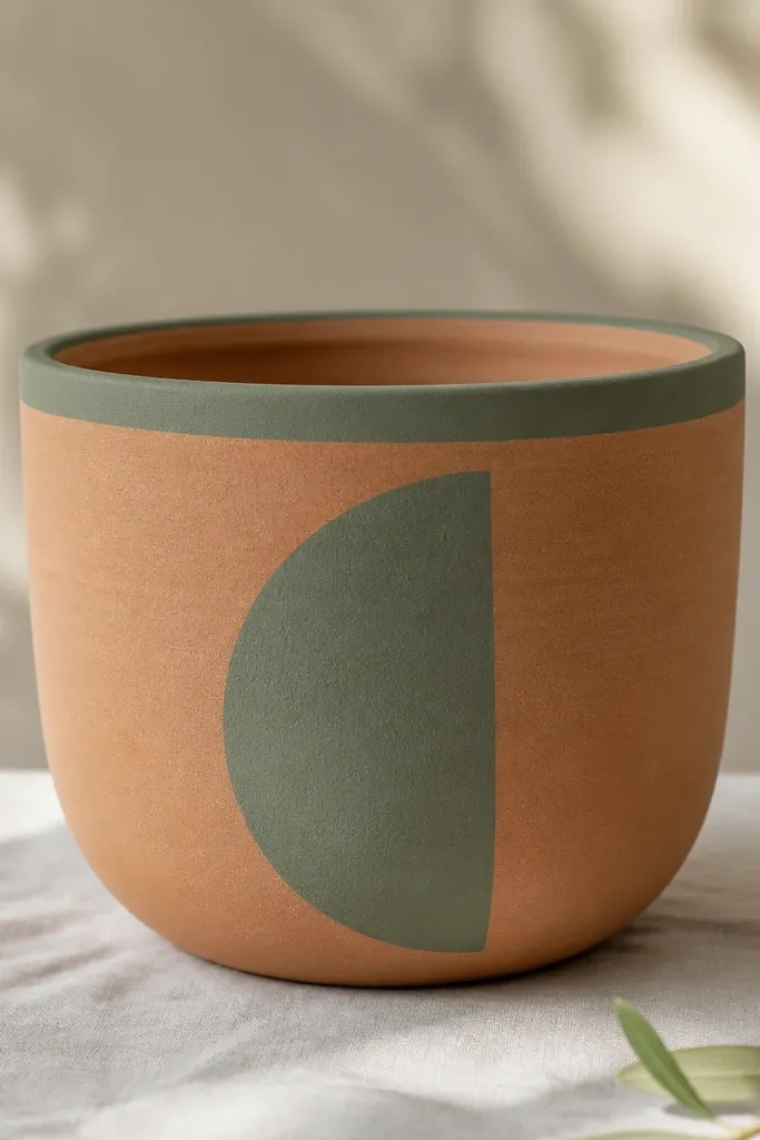 A mostly unpainted terracotta pot with a single large sage half-moon on one side. The rim is painted sage, and the half-moon has a sharp edge where tape was used.