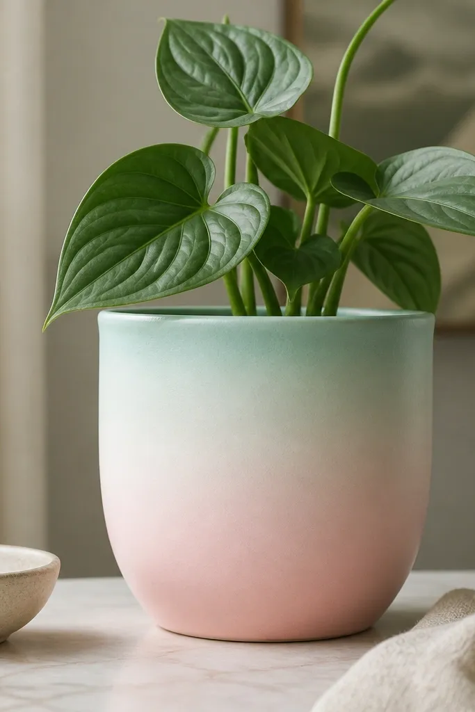 A pot with a soft gradient from mint at the rim down to pale blush near the base; edges are smooth and blended.