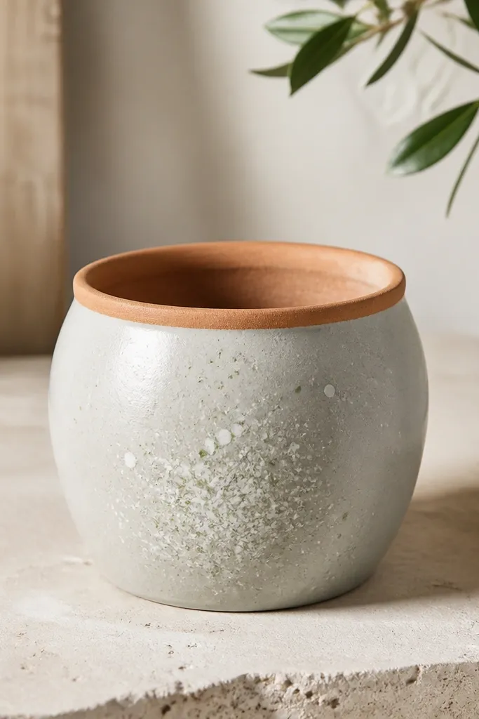 A light gray pot with chunky speckles in white and pale green, like a handmade glaze. The rim is left terracotta and the speckles cluster more toward the center.
