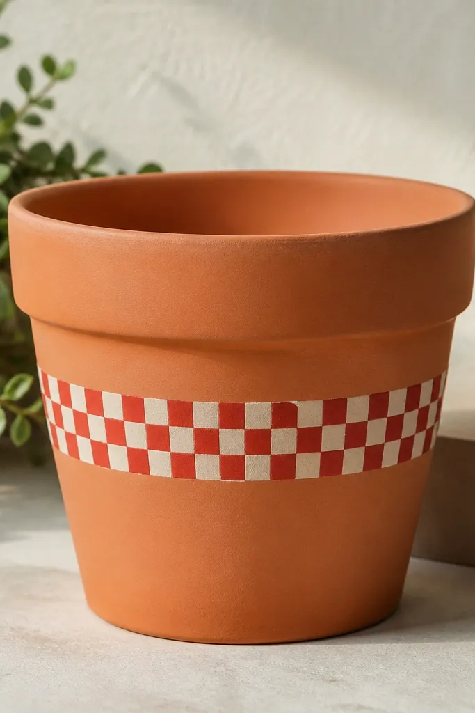 A terracotta pot with a centered band of alternating red and cream checks; the checks are small squares and evenly spaced.