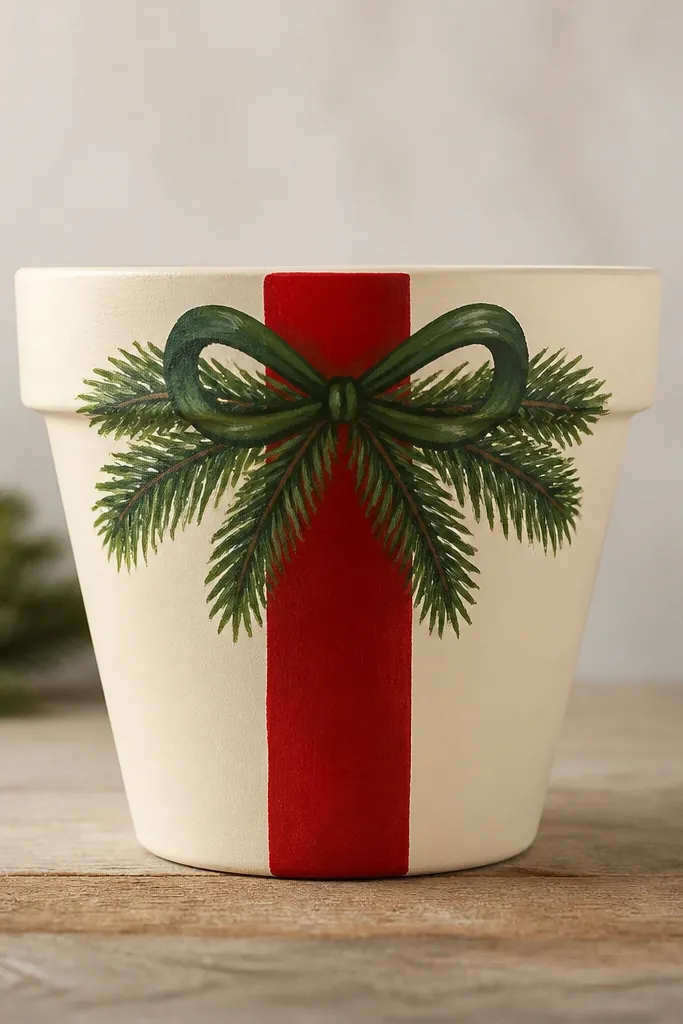 A pot painted cream with a bold red vertical stripe down the center. At the top, a simple painted evergreen bow wraps around the stripe in dark green with small light-green highlights.