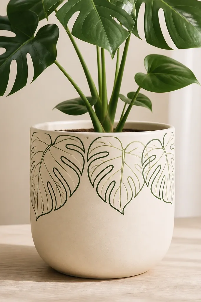 A pot painted cream with a dark green monstera leaf outline frame around the upper half; inside the frame is a few faint vein lines.