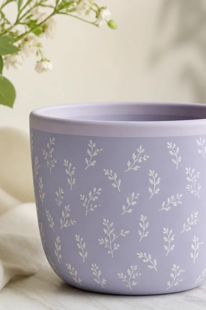 A lavender pot with a soft white sprig design scattered across the body. The sprigs look like tiny branches with small leaves, and the rim is painted pale lavender.