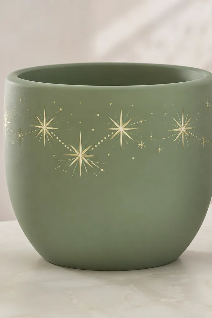 A sage green pot with five-point starburst accents in cream and pale gold scattered around the upper third; dots connect the bursts.