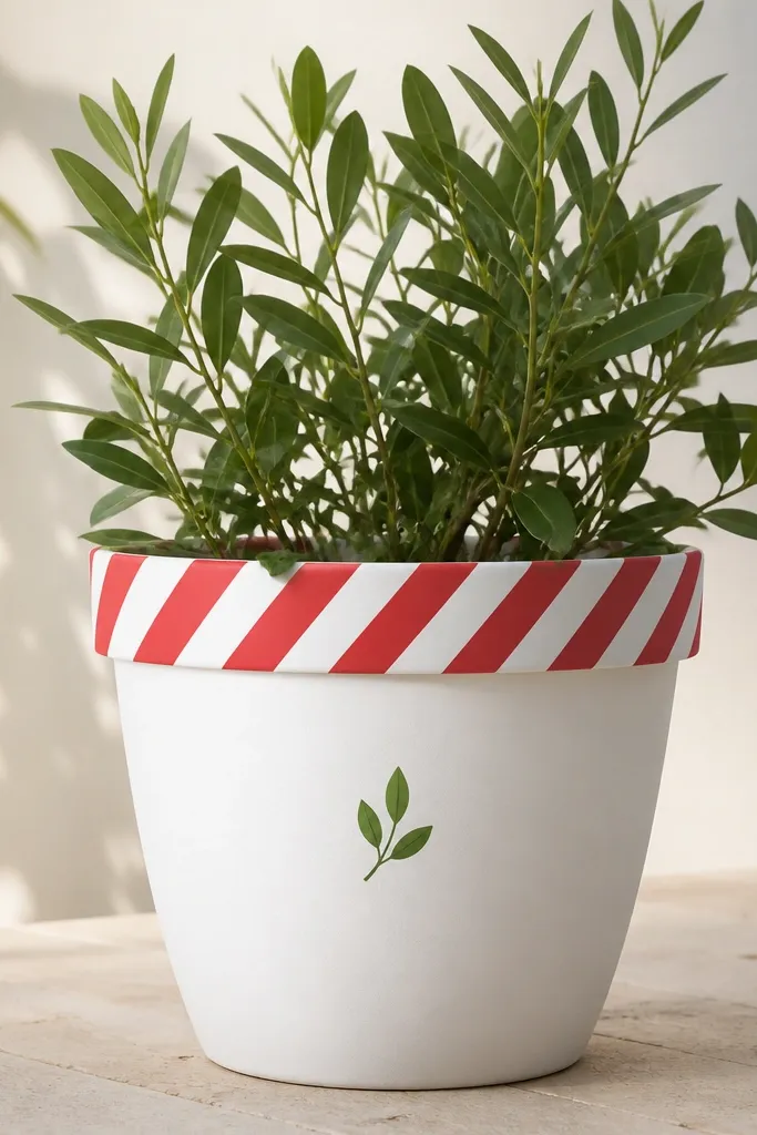 A pot painted mostly white with a red-and-white striped rim band. The stripes are diagonal on the rim, and the rest of the pot is clean with a small green leaf icon near the center.