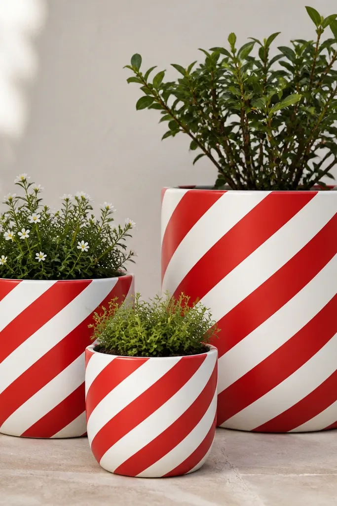 A set of pots with bold red and white diagonal candy stripes wrapping around the circumference; the stripes are clean and evenly spaced.