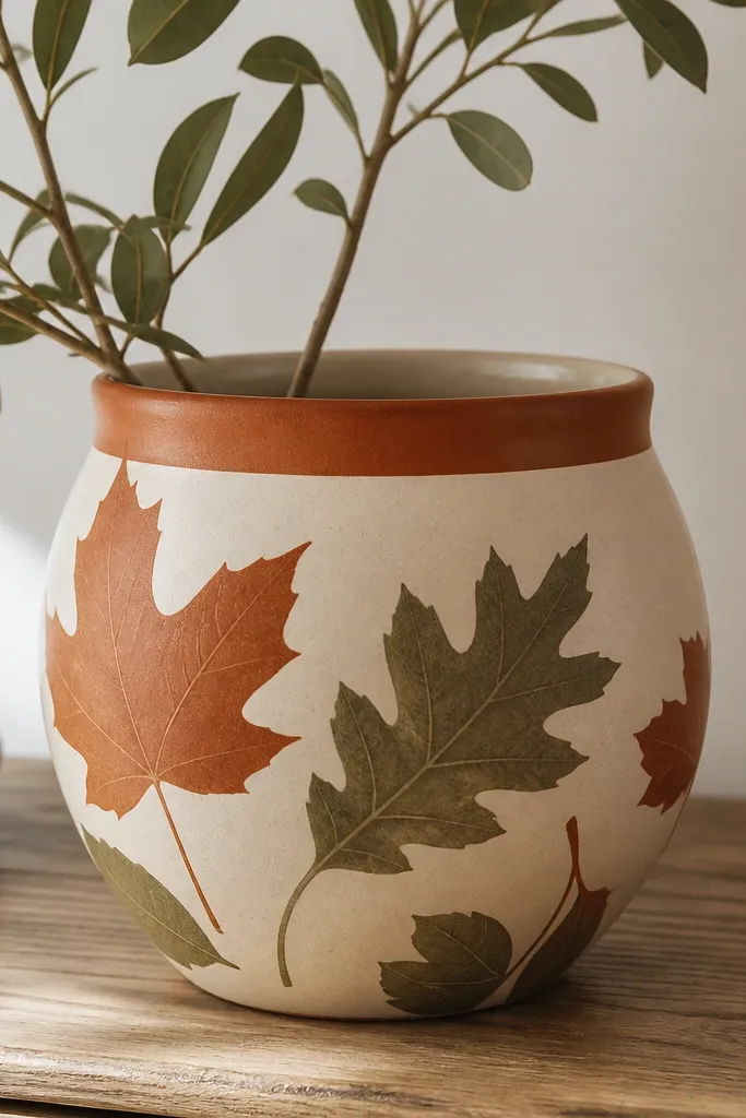 A cream pot with burnt orange rim band. On the body are large leaf silhouettes in muted olive and rust, arranged like a falling leaf pattern.