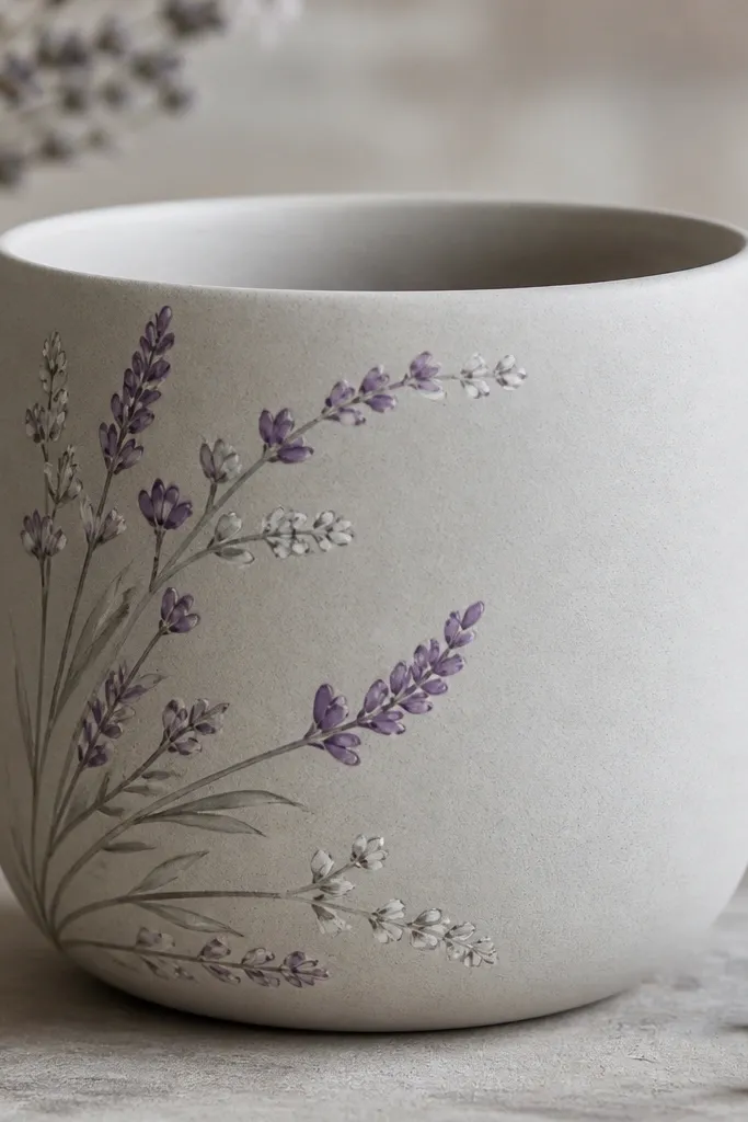 A pale gray pot with hand-painted lavender sprigs curling along one side; small buds are painted in muted purple and light gray.