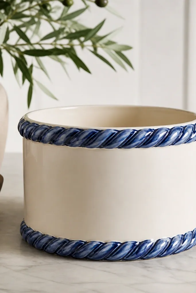 A cream pot with a navy rope-like border around the top and bottom edges; the rope has raised-looking loops painted in two shades of blue.
